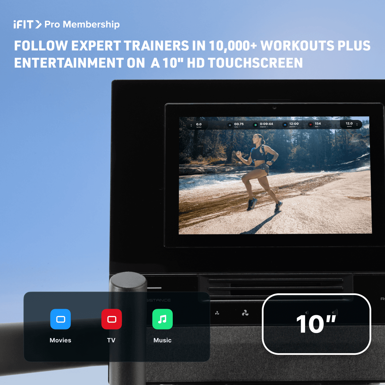 console of the NordicTrack Step Climber with text FOLLOW EXPERT TRAINERS IN 10,000 WORKOUTS PLUS ENTERTAINMENT ON A 10" HD TOUCHSCREEN