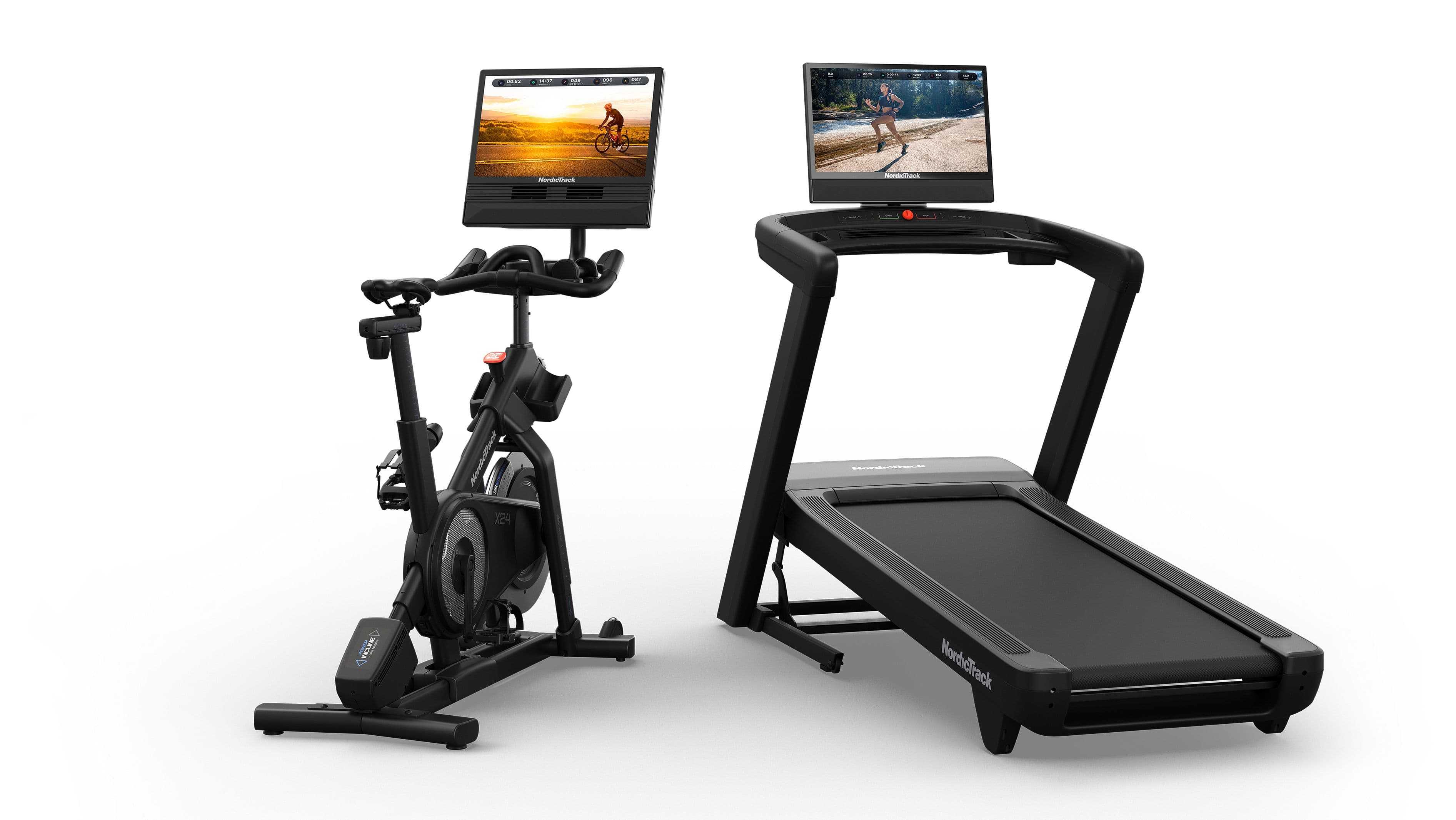NordicTrack X24 Exercise Bike and treadmill comparison shot showing both machines with iFIT touchscreens active — ideal for home cardio training decisions.