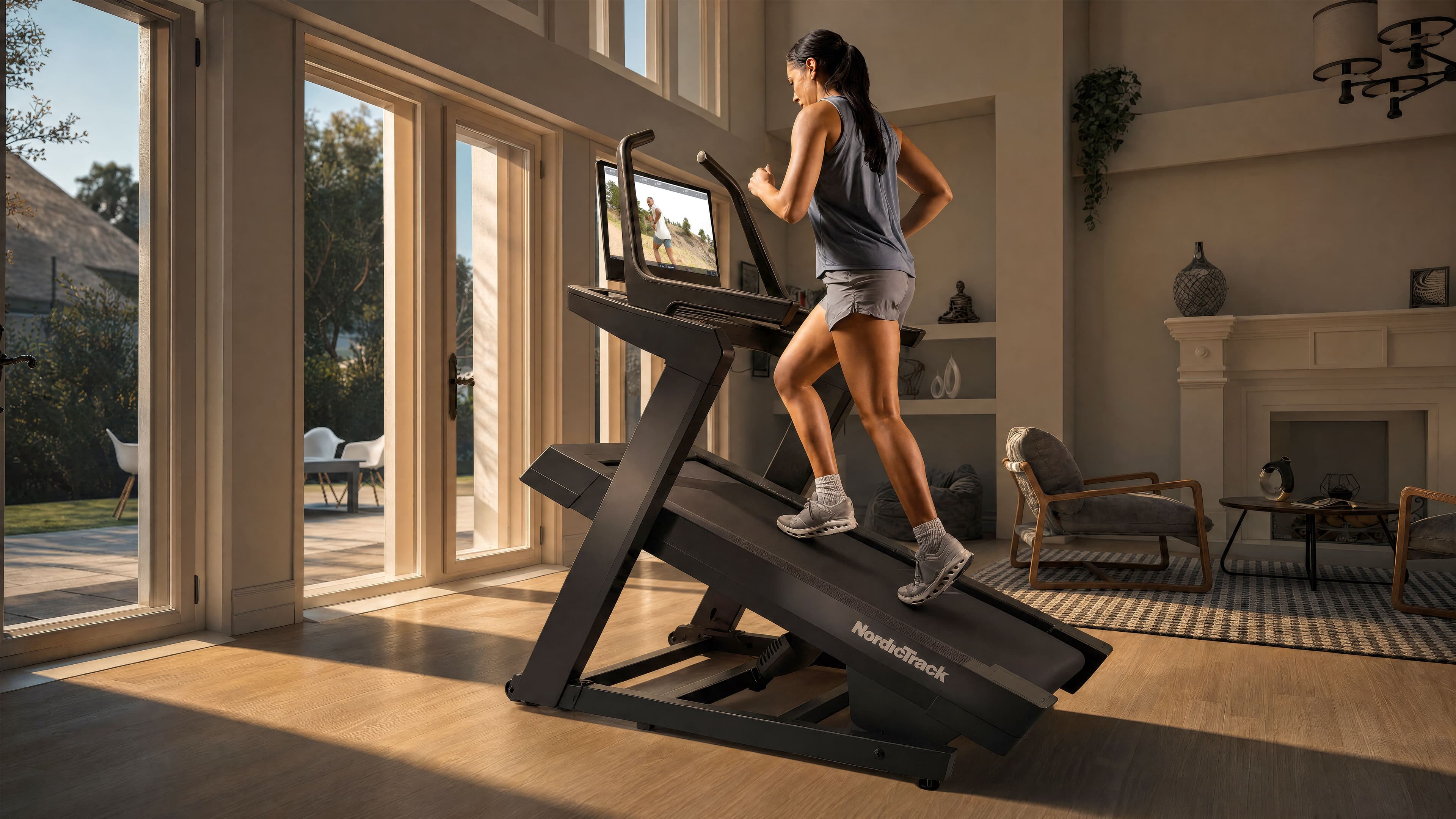 Woman running up a steep incline on a NordicTrack treadmill in a bright home living room, with an outdoor trainer-led workout on the screen